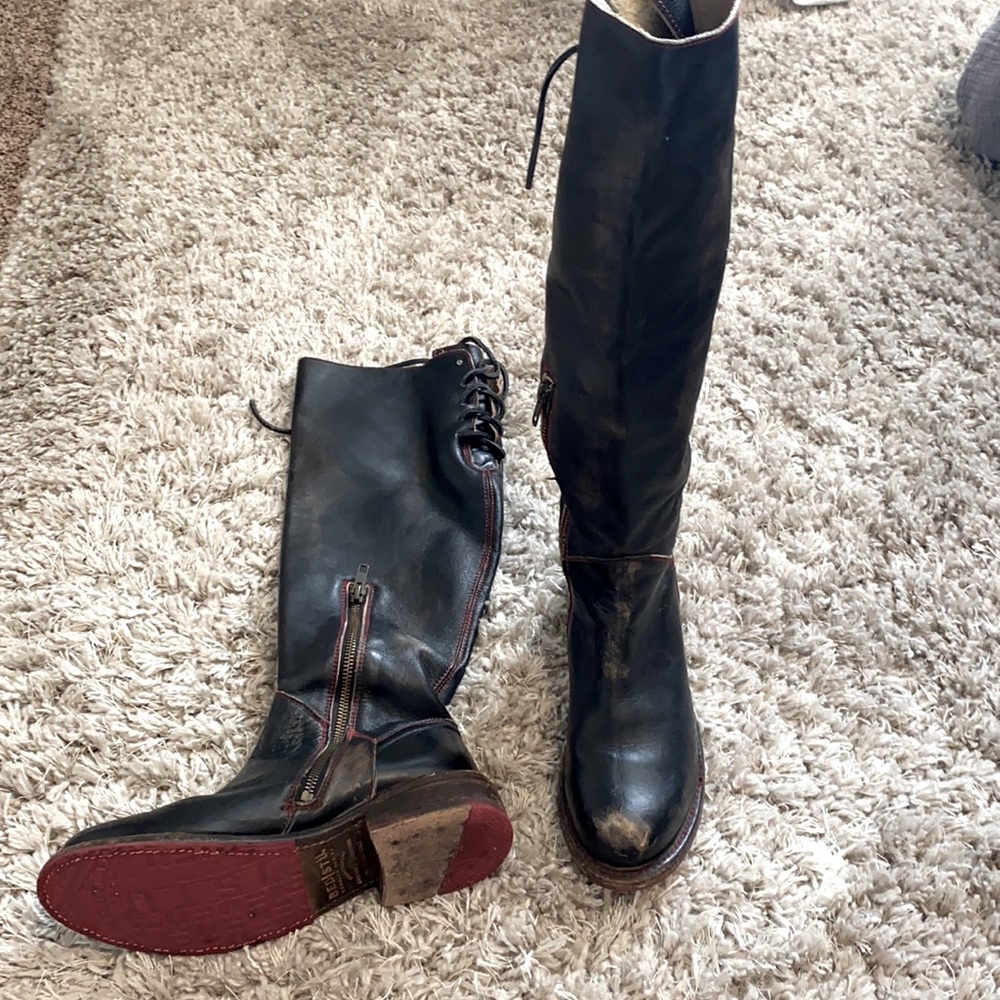 Bed|stu black leather boots with red stitching